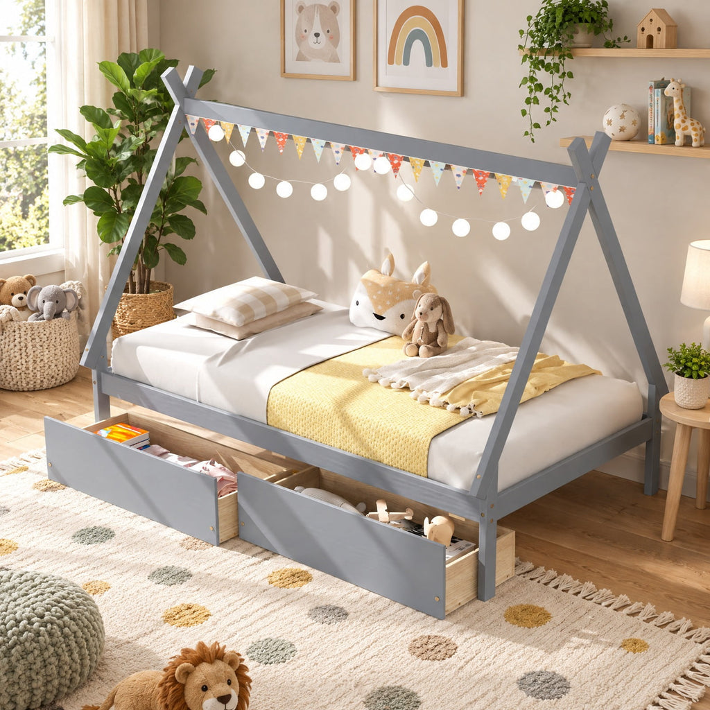 Airfind Twin Size Wooden Tent Platform House Bed with 2 Drawers, 200 lbs Capacity, Solid Wood Plywood Frame, 78 Inch x 46.5 Inch x 59 Inch Footprint, Gray