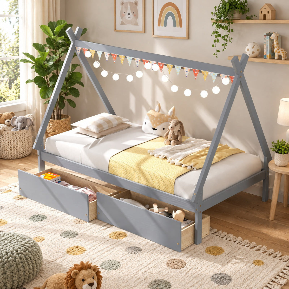 Airfind Twin Size Wooden Tent Platform House Bed with 2 Drawers, 200 lbs Capacity, Solid Wood Plywood Frame, 78 Inch x 46.5 Inch x 59 Inch Footprint, Gray