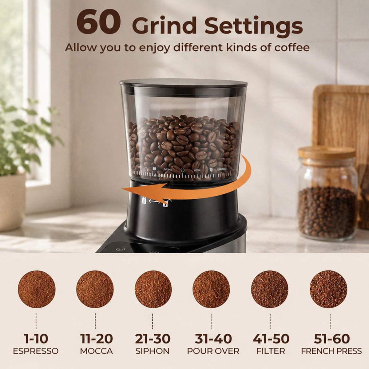 Airfind Conical Burr Coffee Grinder with 60 Precise Grinding Settings and Digital Display, Stainless Steel Aluminum Copper AS ABS Frame, Silver
