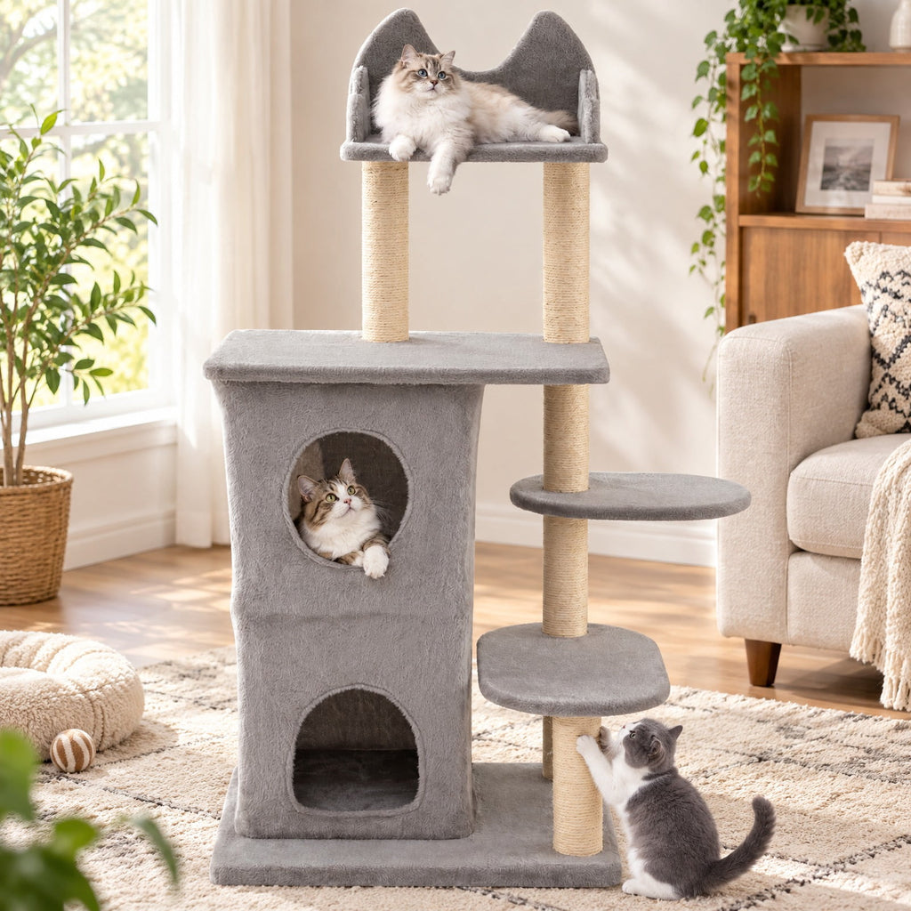 Airfind 48.5 inch Cat Tree with 2-story Condo and 3 Hideaway Caves for Large Cats, Engineered Wood Sisal MDF Plush Fabric Frame, Gray