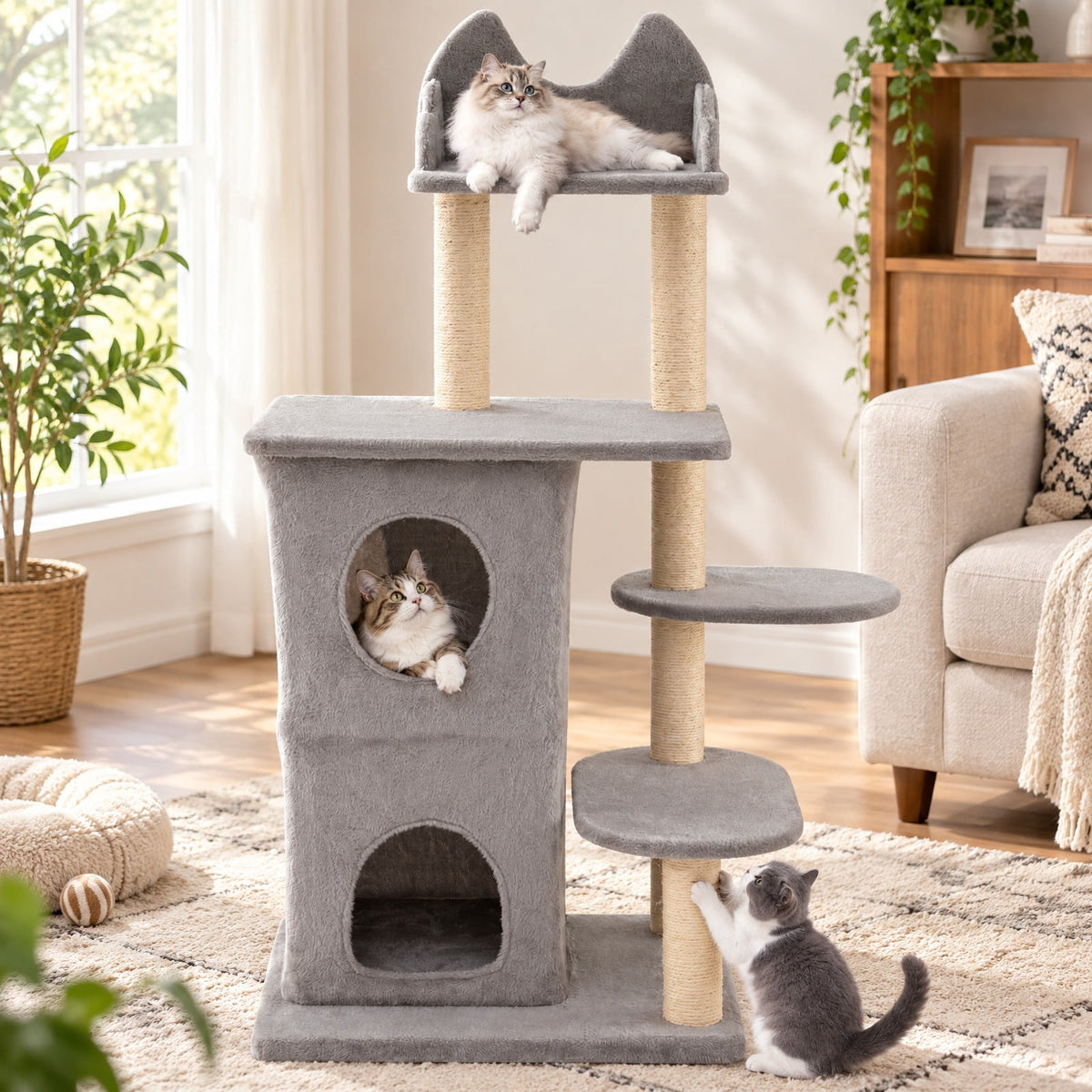 Airfind 48.5 inch Cat Tree with 2-story Condo and 3 Hideaway Caves for Large Cats, Engineered Wood Sisal MDF Plush Fabric Frame, Gray