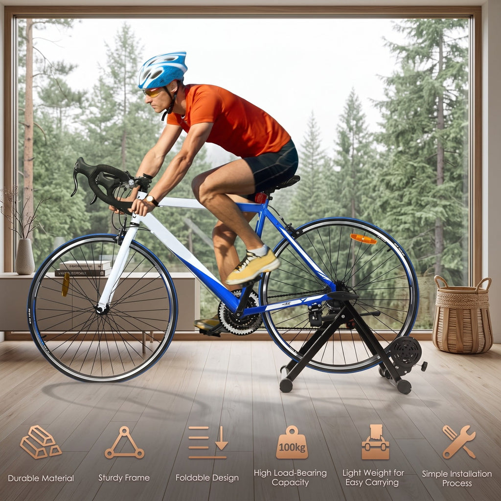 Airfind Portable Folding Steel Bike Trainer Stand, Indoor Exercise Cycling Training Frame with Front Wheel Riser Block and Quick Release for 26-28 Inch Wheels, Black