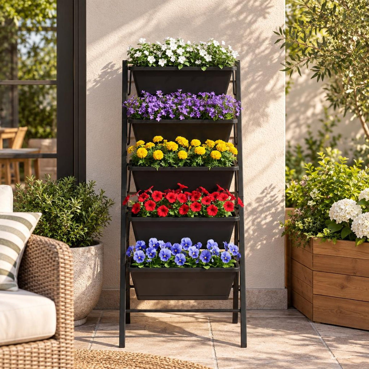Airfind 5, 22 lbs Capacity, PP Metal Frame, 23 x 27 x 44 Footprint, Black, 5 planter boxes for modular growing