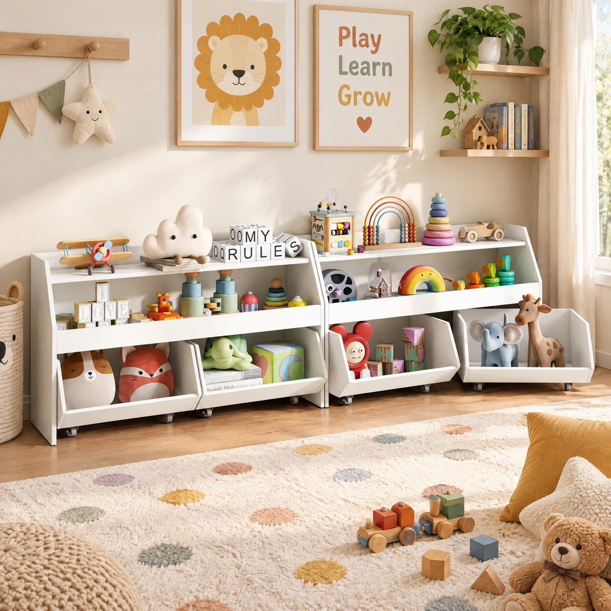 Airfind Kids Toy Storage Organizer Wooden Bookcase with 2 Movable Drawers, 176 lbs Capacity, Engineered Wood Frame, for 3+ Years Old Total, White