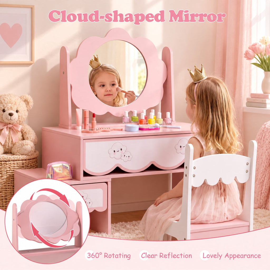Airfind Kids Vanity Set with 360° Rotating Mirror Chair for Girls, 110 lbsChair Capacity, Engineered Wood GlassTable Frame, Pink