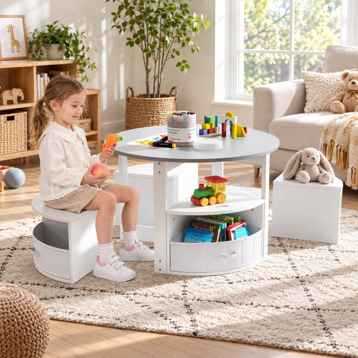 Airfind Youth Round Nesting Table, 5 Piece, with 4 Storage Stools for Activity, 110 lbs Capacity, MDF Frame, for 3+ years old, Gray