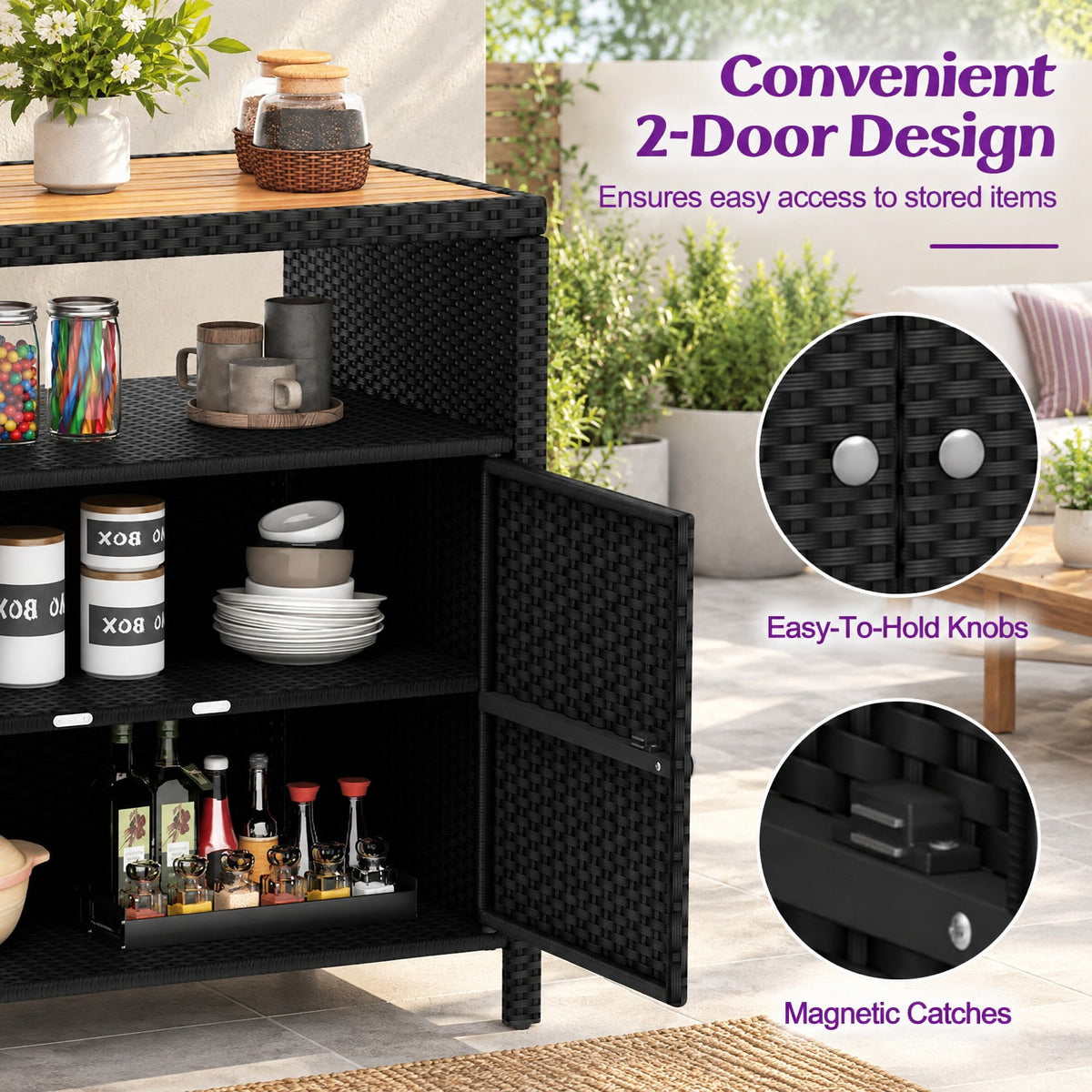 Airfind Rattan Storage Cabinet with Acacia Wood Countertop for Poolside Deck and Patio, 100 lbs Capacity, PE Rattan Acacia Wood Metal Frame, Black