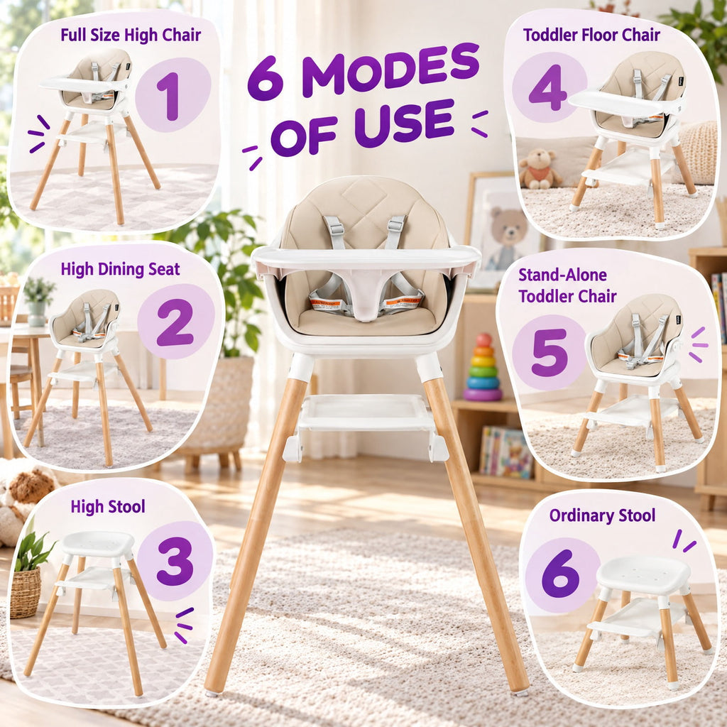 Airfind 6 in 1 Convertible Highchair with Safety Harness and Removable Tray, PP PU Beech Frame, 24.5 x 23 x 35.5 Footprint, Beige