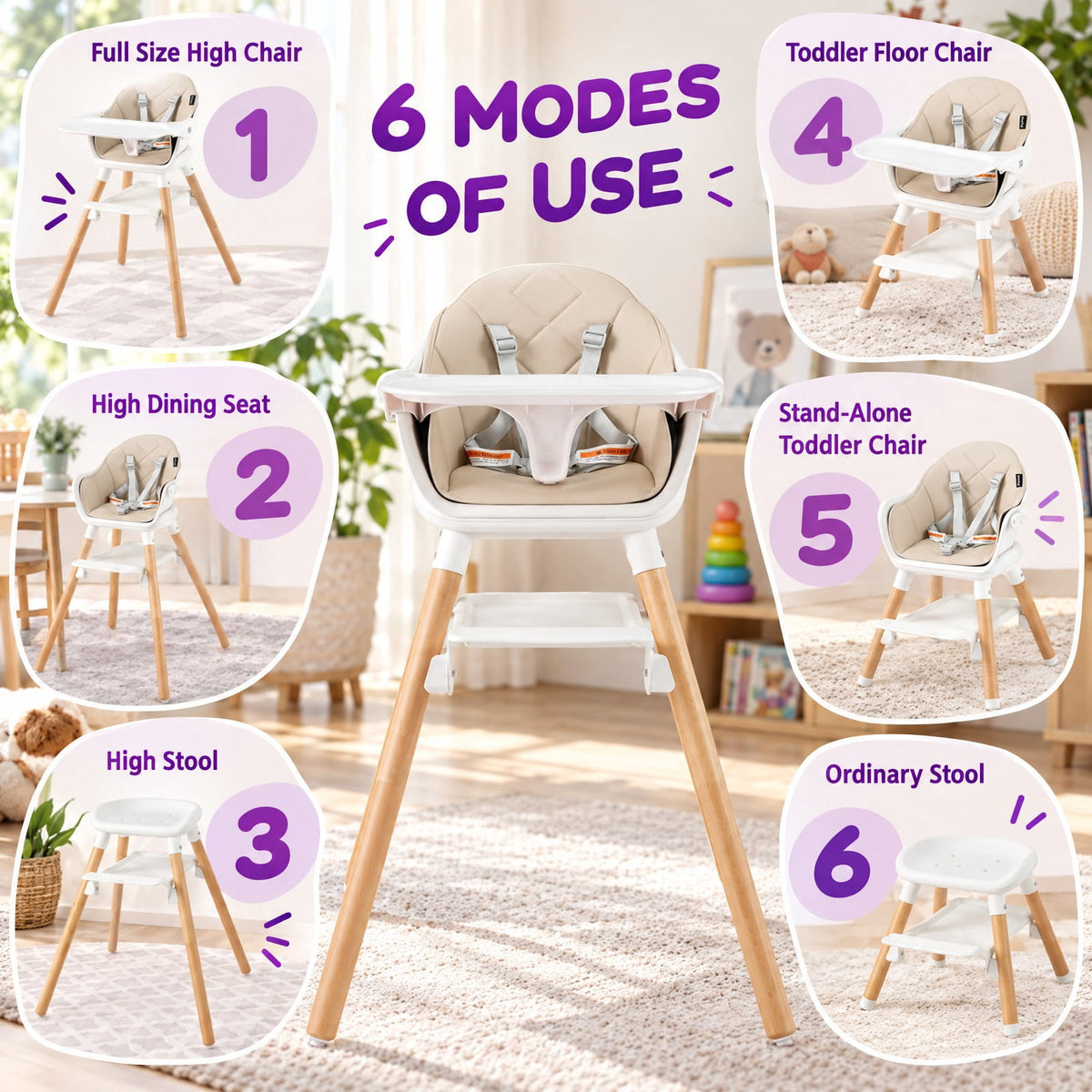 Airfind 6 in 1 Convertible Highchair with Safety Harness and Removable Tray, PP PU Beech Frame, 24.5 x 23 x 35.5 Footprint, Beige