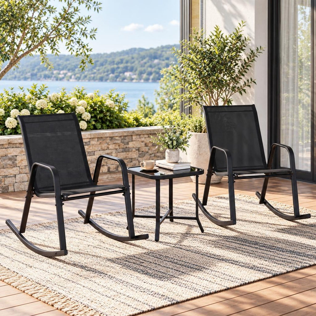 Airfind Set of 2 Metal Patio Rocking Chair with Breathable Seat Fabric, 330 lbs Capacity, Fabric Metal Frame, Black