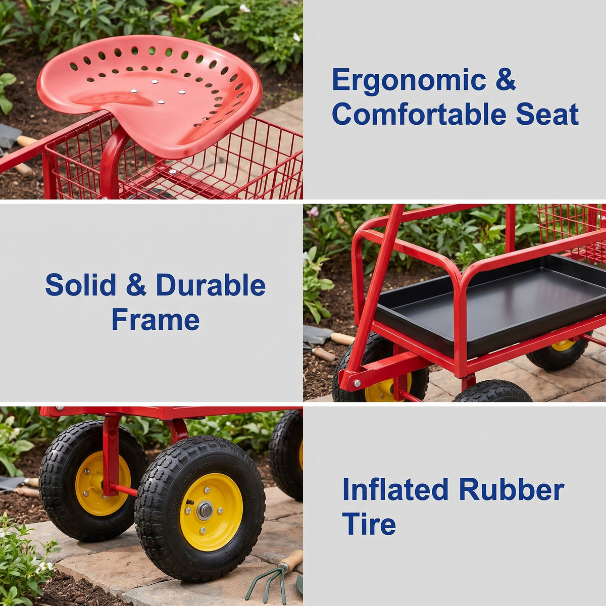 Airfind Red/Green Garden Cart Rolling Work Seat With Heavy Duty Tool Tray Gardening Planting, 33 x 16 x 22 Footprint, Red