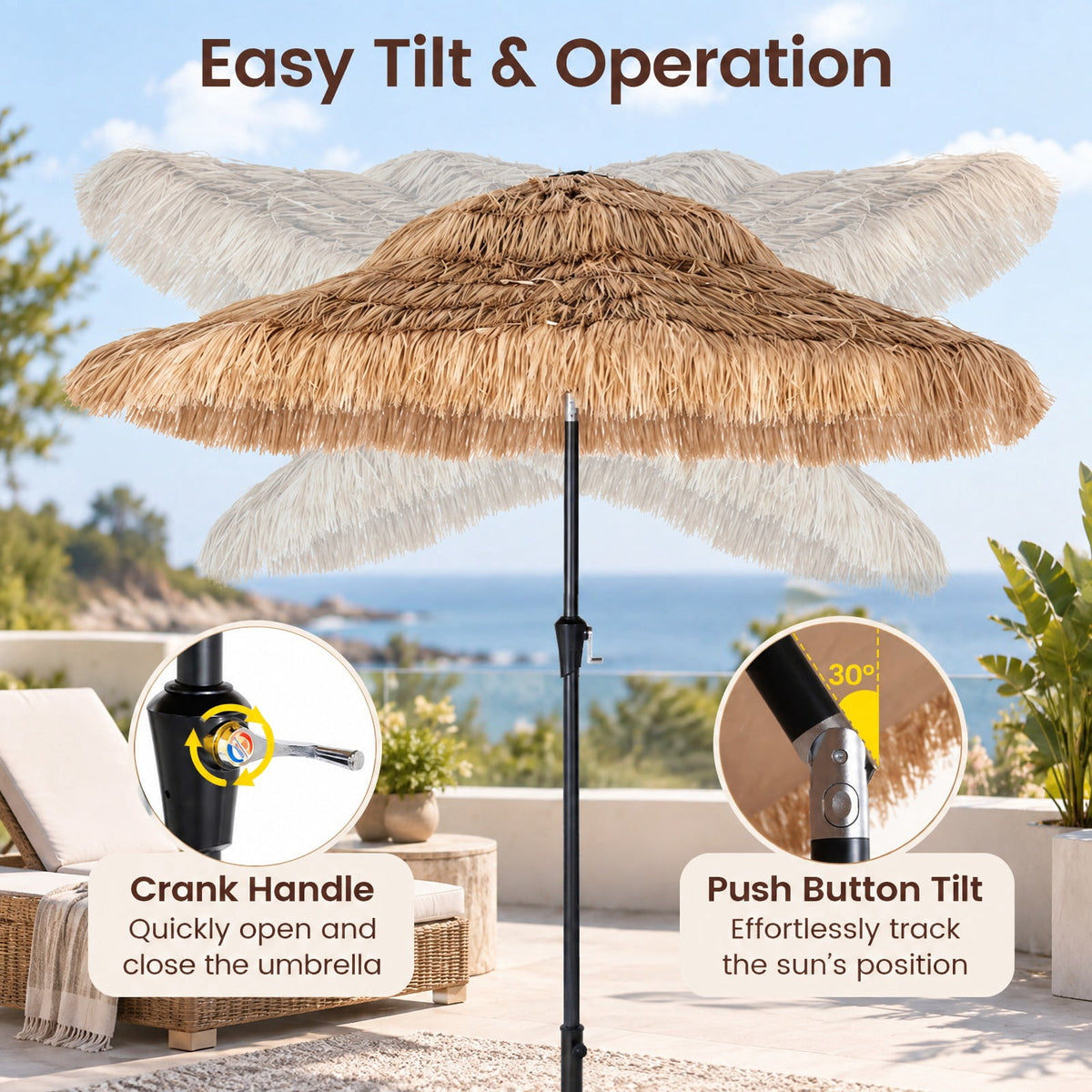 Airfind 9 FT Solar Thatched Tiki Umbrella with 96 Multi-colored Flowing Lights and 12 Modes, PE Thatch Polyester Fabric Metal Frame, Beige