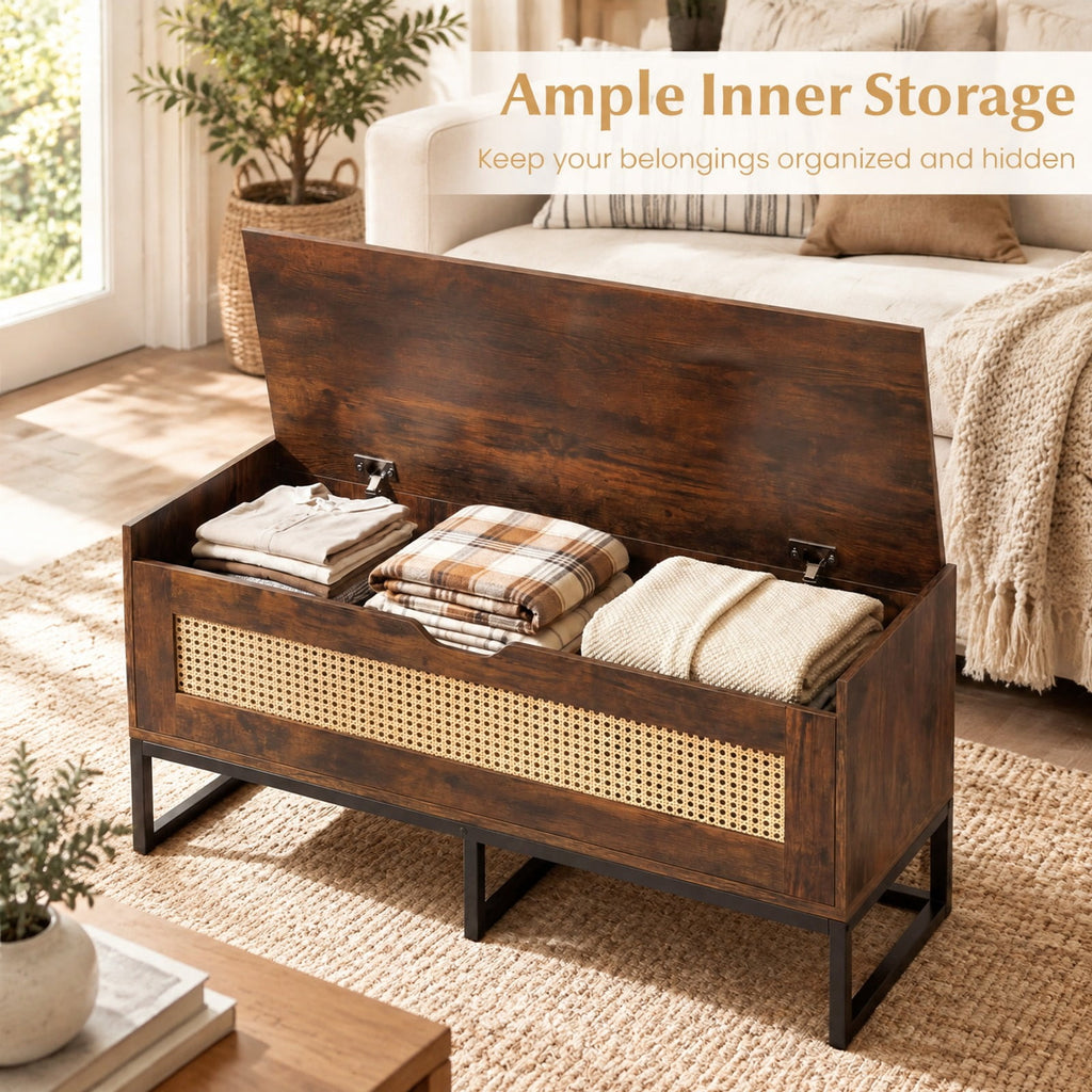 Airfind 39.5in Rattan Storage Chest Wicker Shoe Bench with Padded Seat Flip-Top, 440 lbs Capacity, Engineered Wood PE Rattan Metal Frame, Brown