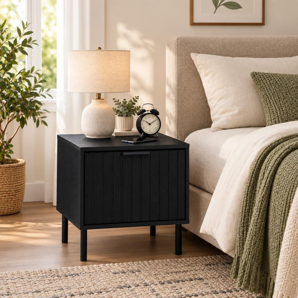 Airfind Set of 2 Black Modern Nightstand with Vertical-Striped Storage Drawer, 121lbs Capacity, Engineered Wood Metal PVC Frame, Black