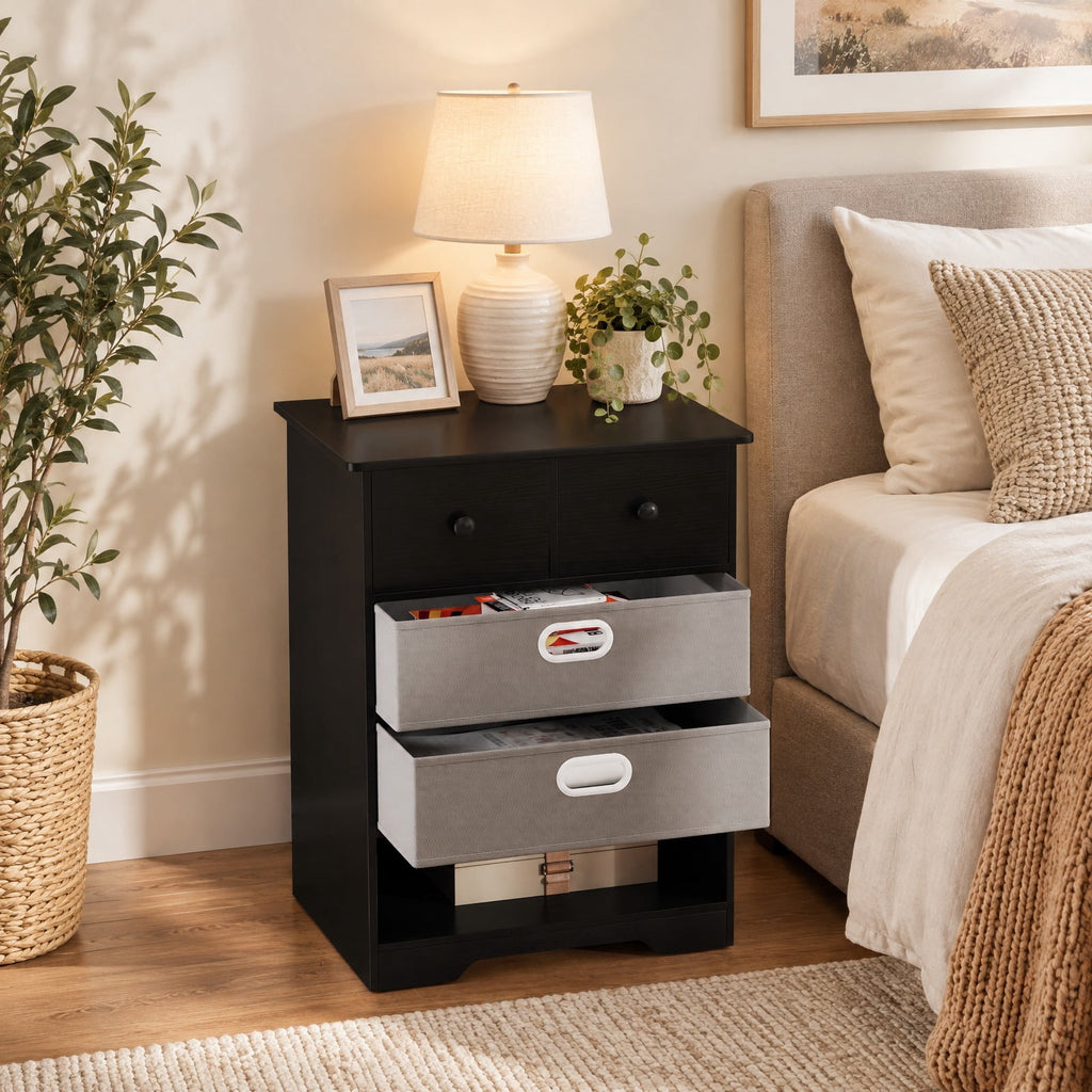 Airfind 4-Drawer Dresser Modern Chest Storage Organizer with Open Shelves, 100 lbs Capacity, Engineered Wood MDF Fabric Frame, Black