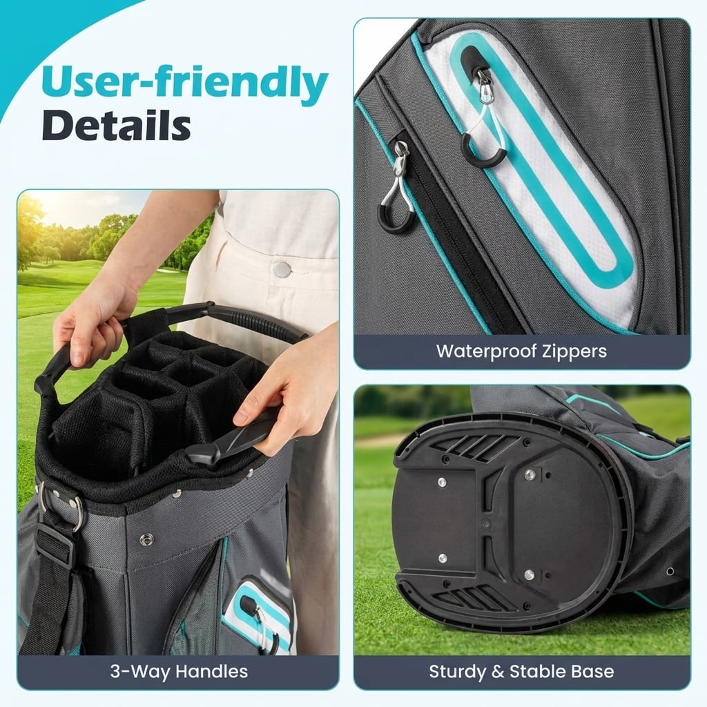 Airfind 10.5 in Golf Stand Bag with 14-Way Dividers and 7 Zippered Pockets featuring a rain hood with towel rings and dual carry straps for walking rounds, Gray