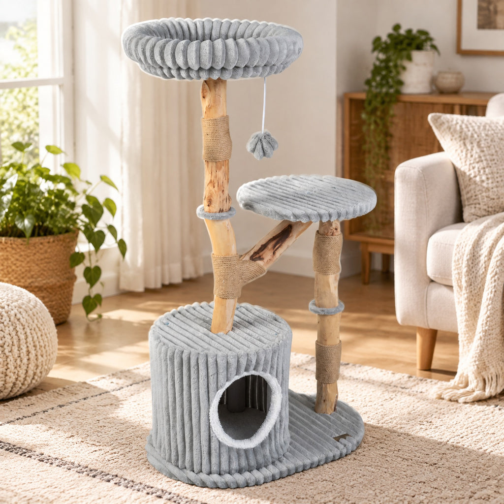 Airfind Solid Wood Cat Tree 41 Inch with Real Branches Scratching Posts and Cozy Bed, 22 lbs Capacity, Pear Wood Frame, 22 x 16 x 41 Footprint