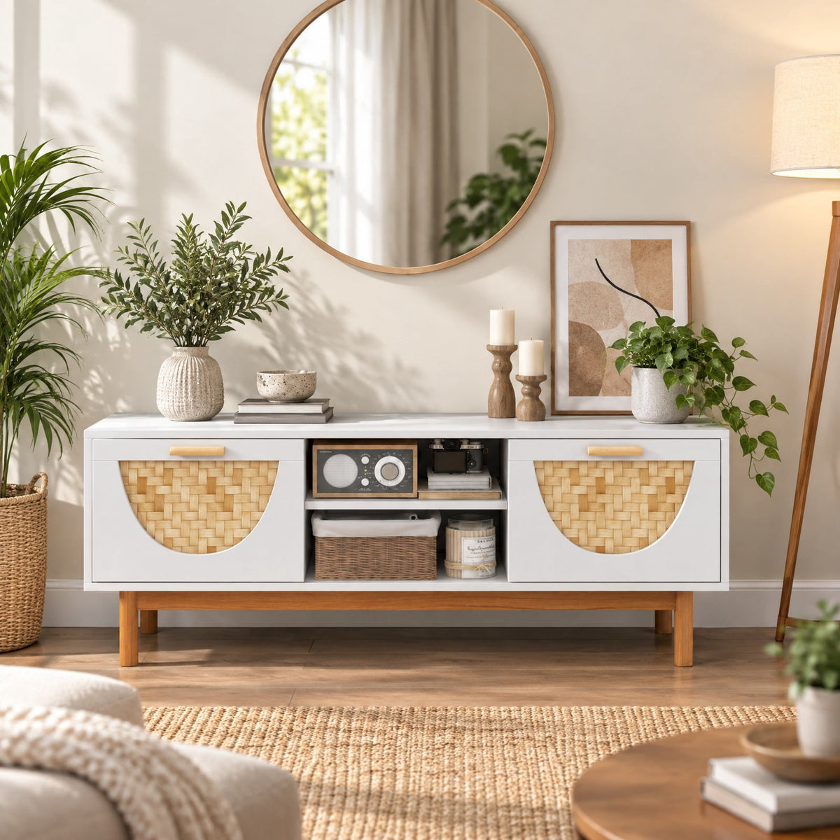 Airfind Mid Century Modern TV Stand Entertainment Center for 55-Inch TV with 2 Drawers and Bamboo Woven Fronts, MDF Frame, White