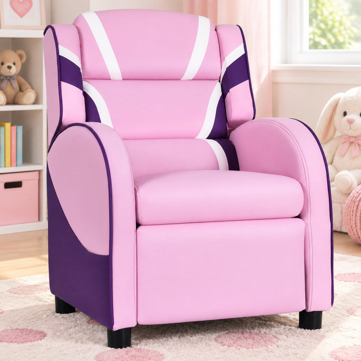 Airfind Kids Leather Recliner Chair with Side Pockets, Solid wood PU leather sponge plastic iron Frame, for 3-9 years old, Pink