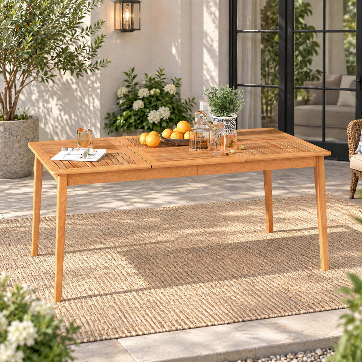 AIRFIND Patio Dining Table for Six with Acacia Wood Slatted Top, Umbrella Hole and Reinforced Frame, 67 x 35 x 30 in, Natural