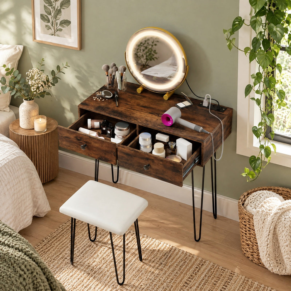 Airfind Vanity Desk with with Lighted Adjustable Mirror for Bedroom, 66 lbs Capacity, MDF Frame, 31.5 Inch x 16 Inch x 30 Inch Footprint, Brown