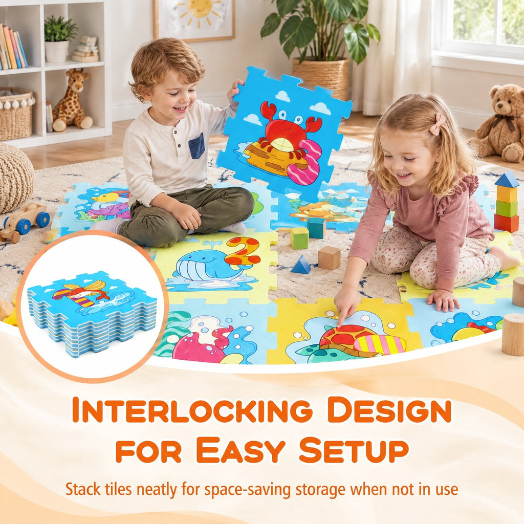 Airfind EVA Foam Baby Play Mat with 8 Interlocking Animal and Number Shapes, Non-Slip Stackable Floor Tiles for 10 Months and Up, Colorful