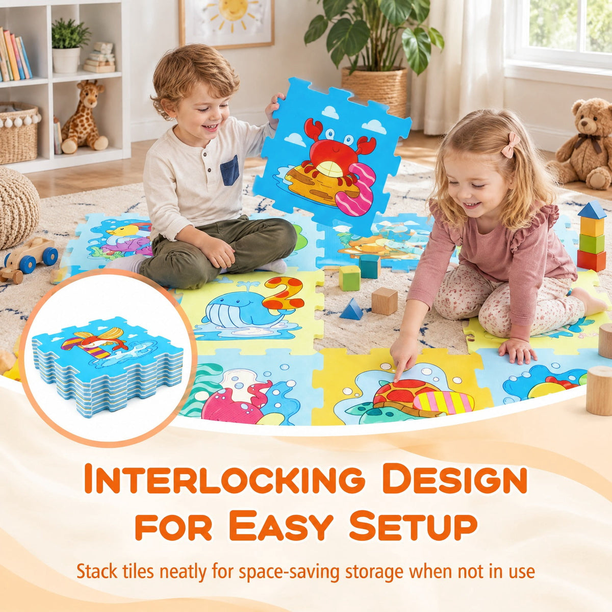 Airfind EVA Foam Baby Play Mat with 8 Interlocking Animal and Number Shapes, Non-Slip Stackable Floor Tiles for 10 Months and Up, Colorful