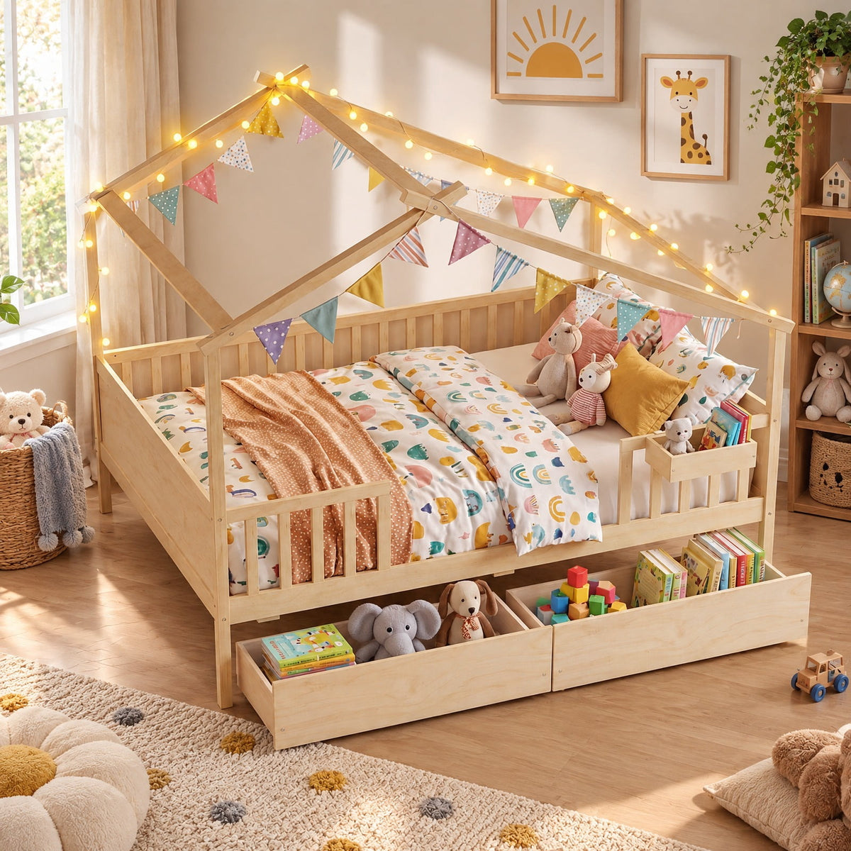 Airfind Full Size House Bed with Roof and Fence Rails for Kid, 550 lbs Capacity, Pine Wood Plywood MDF Engineered Wood Frame, Natural