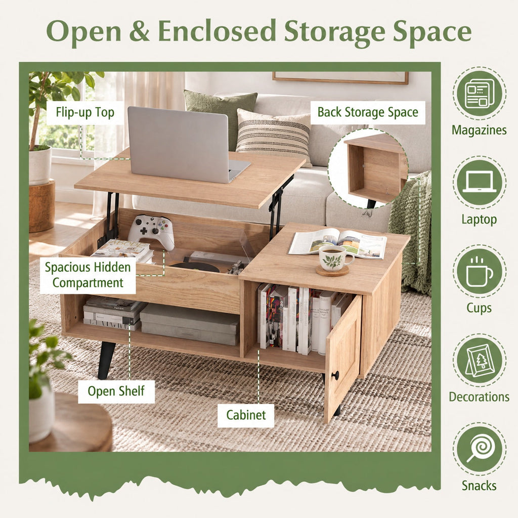 Airfind Lift Top Coffee Table with Storage and Hidden Compartment, 66 lbs Capacity, Engineered Wood MDF Frame, 39.5 x 19.5 x 18 Footprint