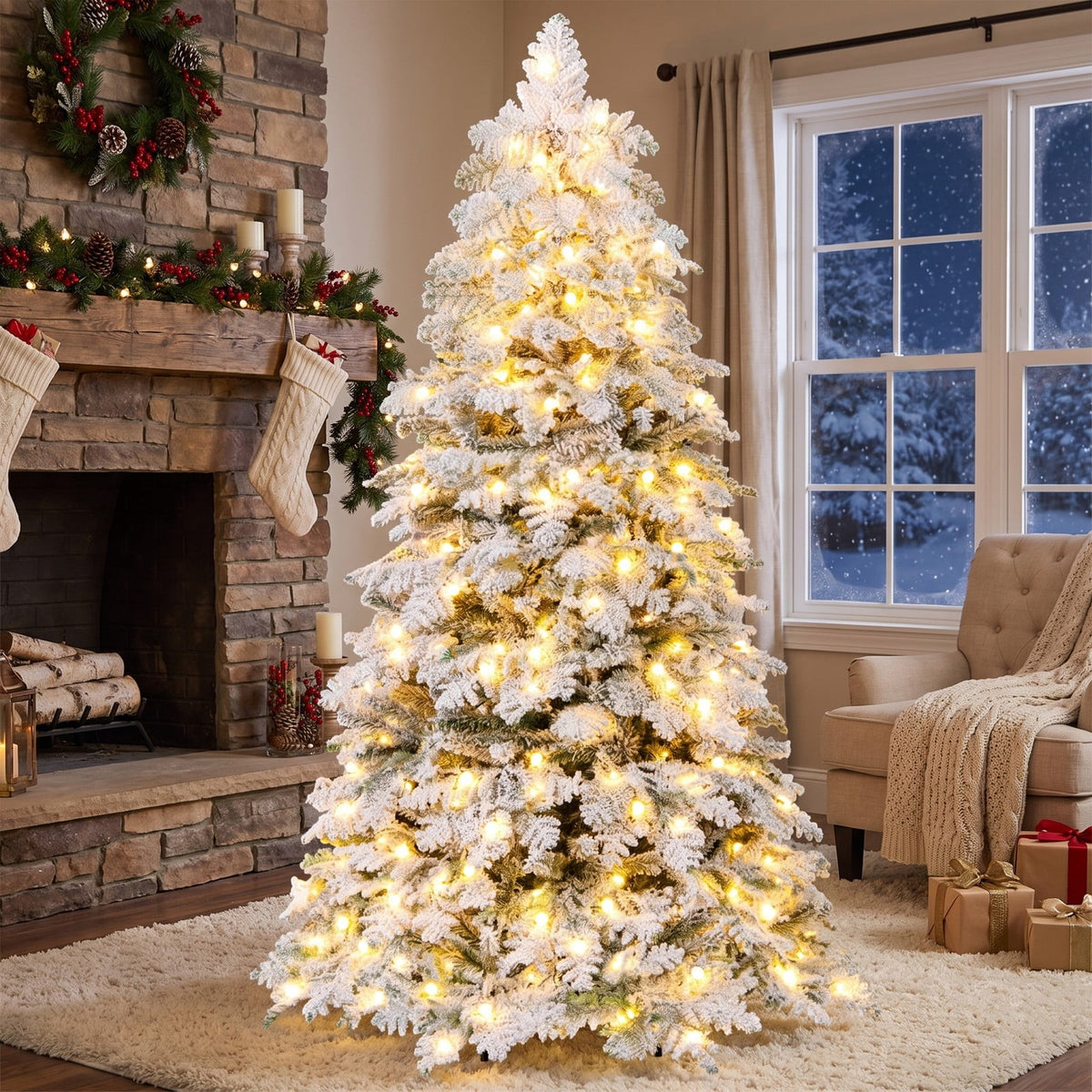 Airfind 6/7 Feet Artificial Snow-flocked Christmas Tree Pre-lit Hinged Xmas Tree with 130 Twinkle Balls-6 Feet, Green and White