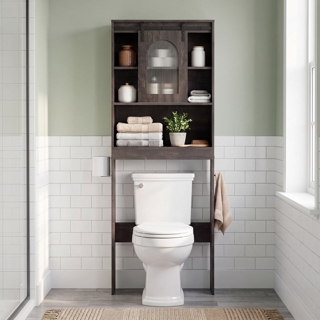 Airfind Over Toilet Storage Cabinet with Sliding Barn Door and Open Shelves for Bathroom, 44 lbs Capacity, Engineered Wood Frame, Black Oak