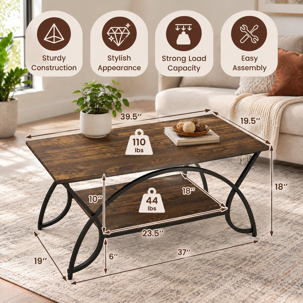 Airfind 2-Tier wood grain Coffee Table with wood grain top and Metal Frame, 110 lbs Capacity, Engineered wood steel Frame, Coffee
