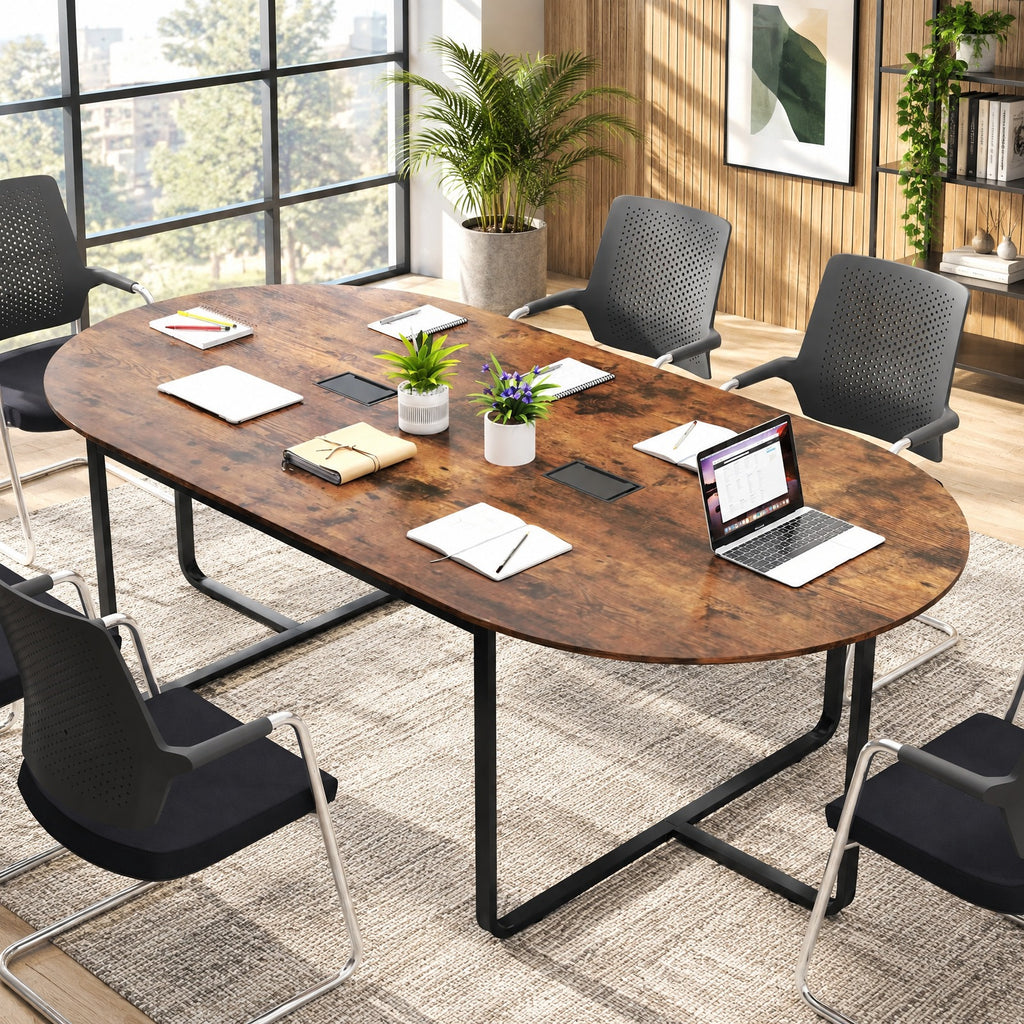 Airfind Oval Conference Industrial Executive, 95 Inches, Table with Dual Cable Holes, 265 lbs Capacity, Engineered Wood Metal Frame, Brown