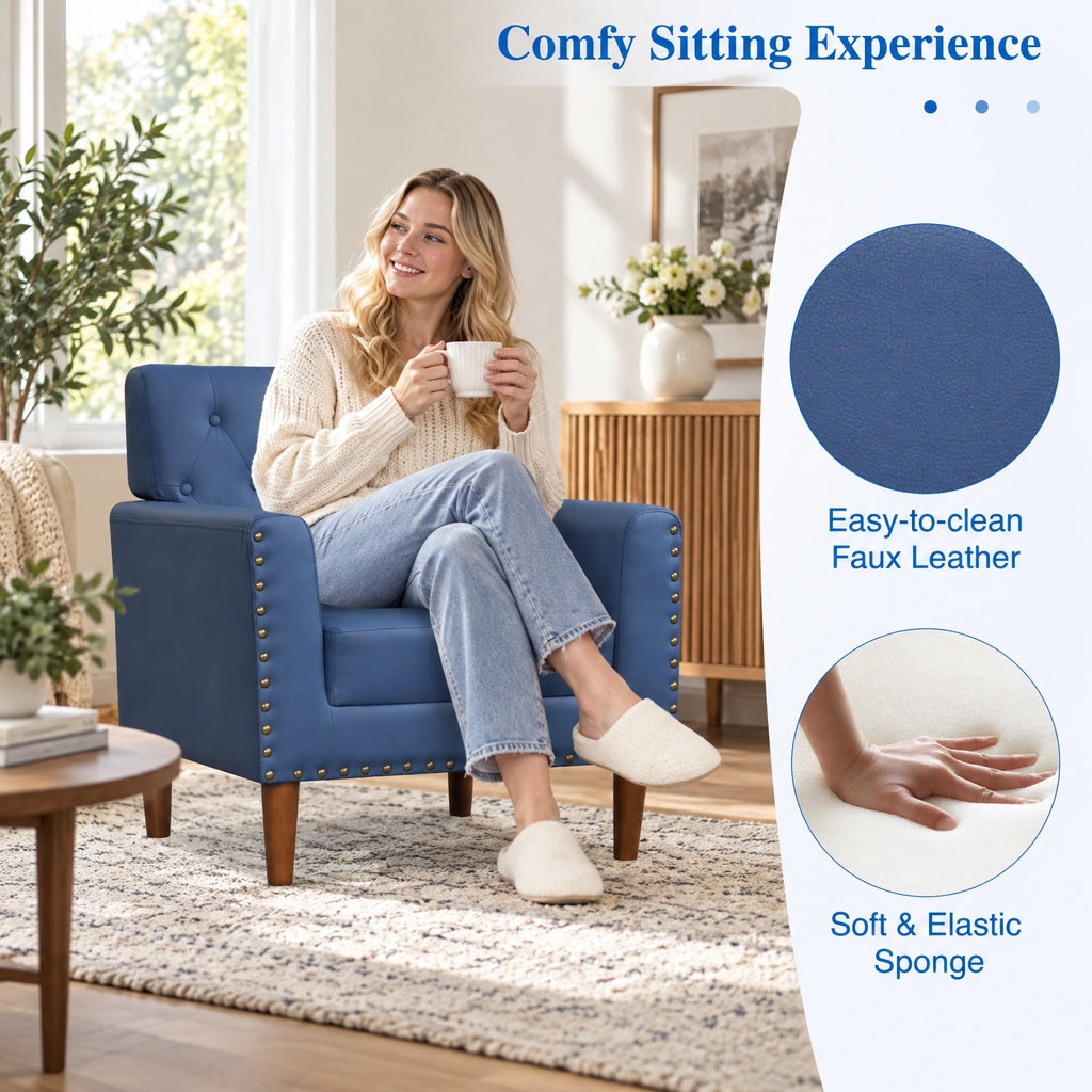 Airfind Mid Century Modern Accent Chair with Button Tufted Decoration and Rivets, 400 lbs Capacity, PVC Leather Sponge Rubber Wood Plywood Frame