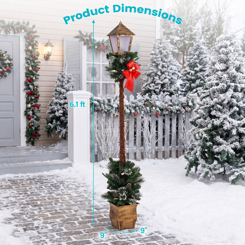 Airfind 6.1 Feet Christmas Pre-lit Street Lamp with Artificial Greenery and Snow-flocked Branch Tips, Metal Plastic Frame, 9in x 9in x 6.1ft Footprint