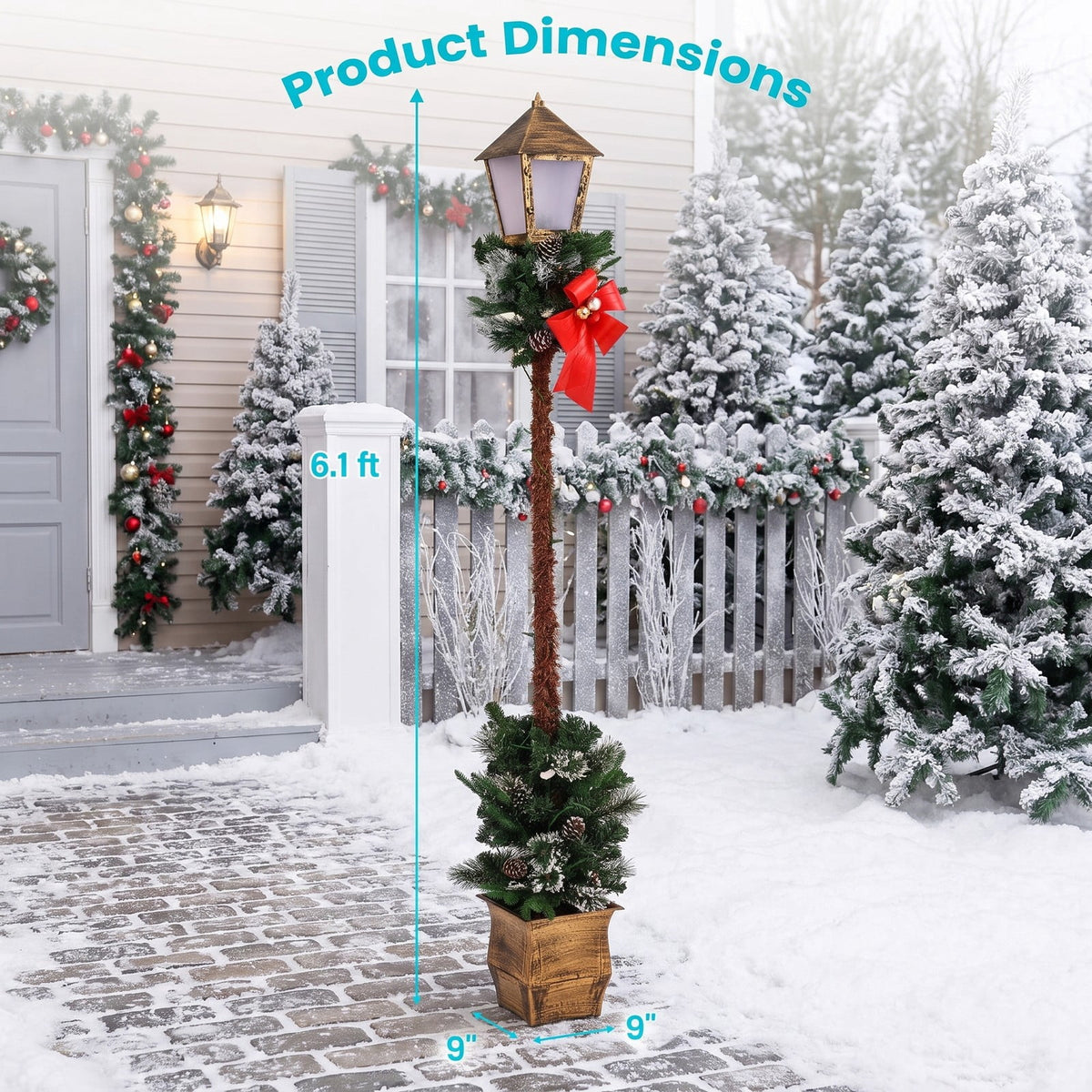 Airfind 6.1 Feet Christmas Pre-lit Street Lamp with Artificial Greenery and Snow-flocked Branch Tips, Metal Plastic Frame, 9in x 9in x 6.1ft Footprint