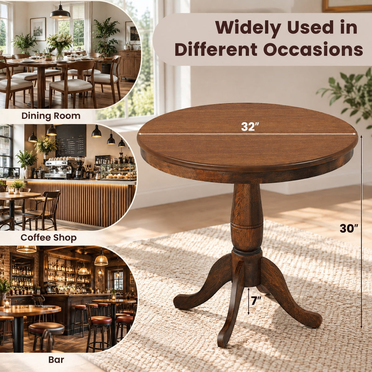 Airfind 32 Inch Wooden Round Pub Pedestal Side Table, MDF board Pedestal Frame, 32 x 30 Footprint, Walnut