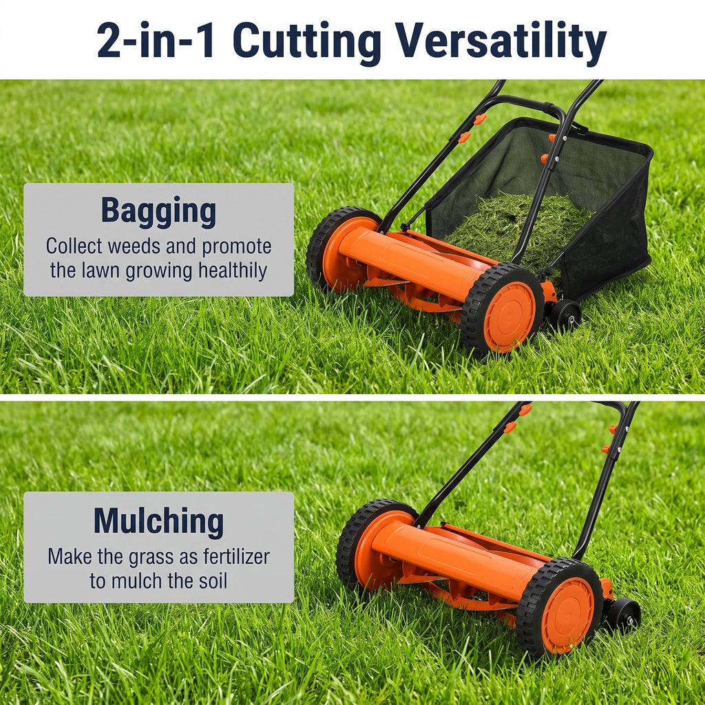 Airfind 16 Inch Push Lawn Mower with 5 Steel Blades and Grass Catcher Bag, Manganese Steel Metal PVC PP Frame, Orange