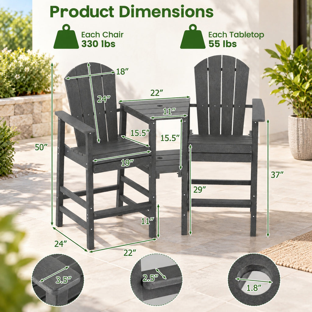 Airfind 2-Seat Adirondack Chair All-Weather Adirondack Chair with Double Connecting Tray, Chair 330 lbs Capacity, HDPE Frame, Gray