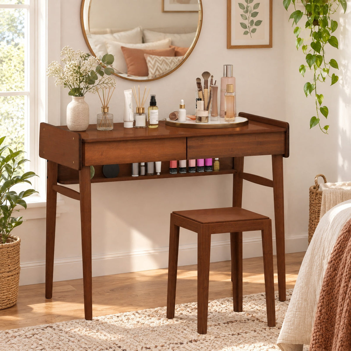 Airfind Bamboo Writing Desk with 2 Storage Drawers and Open Shelf, 110 lbs Capacity, Bamboo Frame, Walnut
