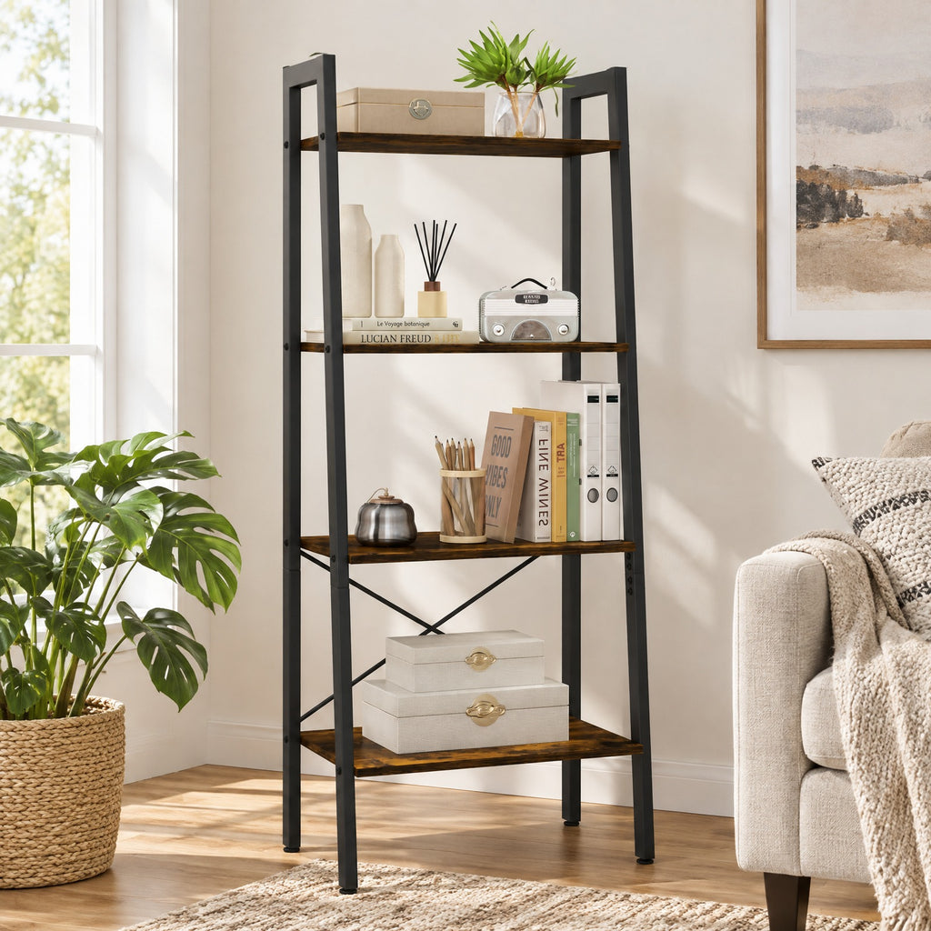 Airfind 4-Tier Bookshelf with Metal Frame and Adjustable Foot Pads, 200 lbs Capacity, Metal Engineered Wood Frame, Brown