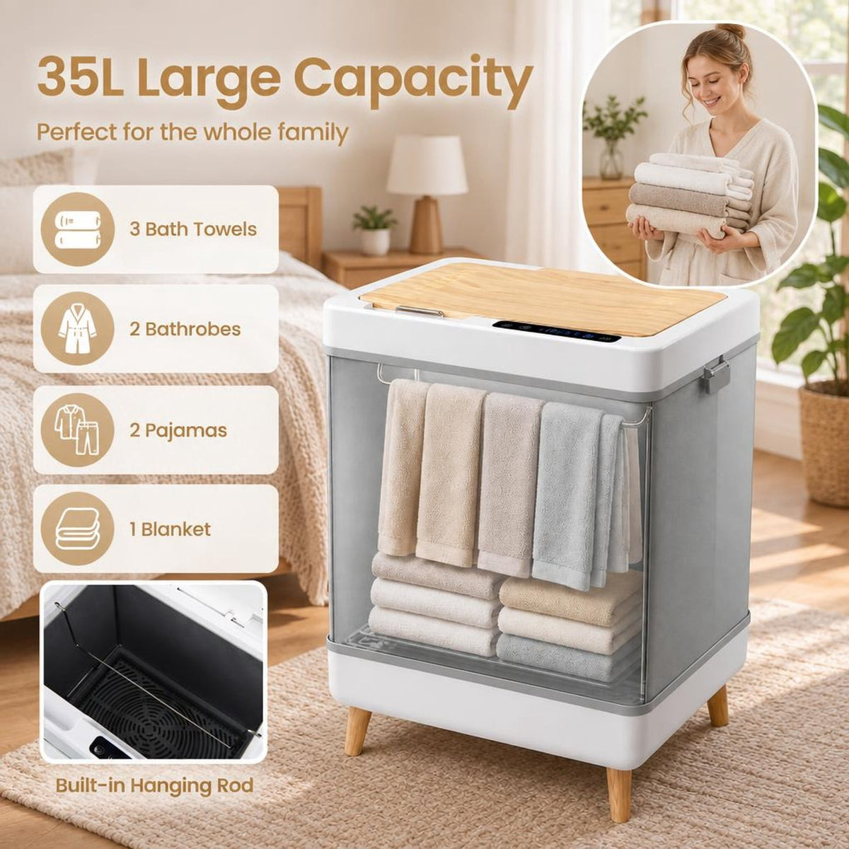 Airfind Towel Warmer Bucket with Foldable Design and Auto Shut Off for Bathroom, Natural, 8 mins to max temperature