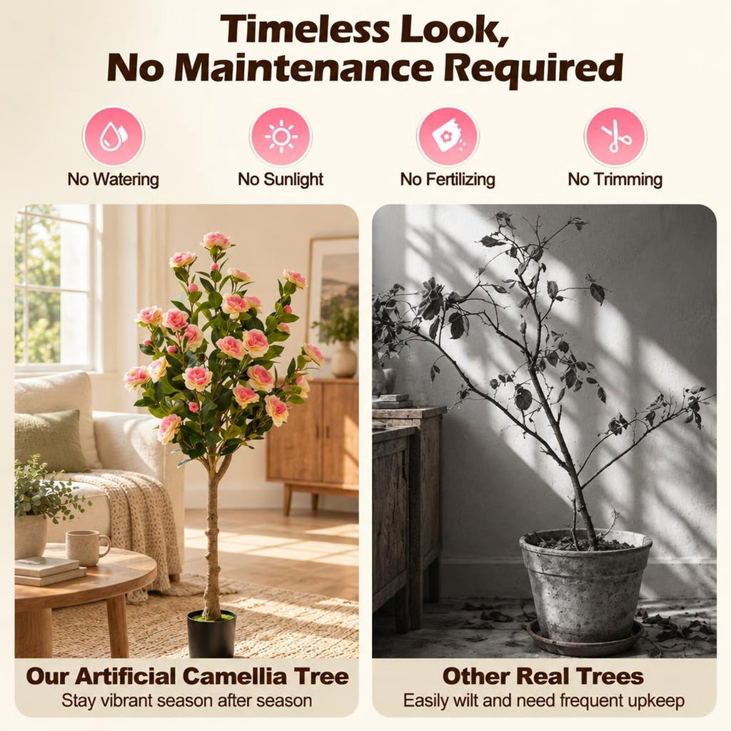 Airfind Artificial Camellia Tree with 27 Blossoms in Cement Pot for Home-Set of 1, Pink Green Black