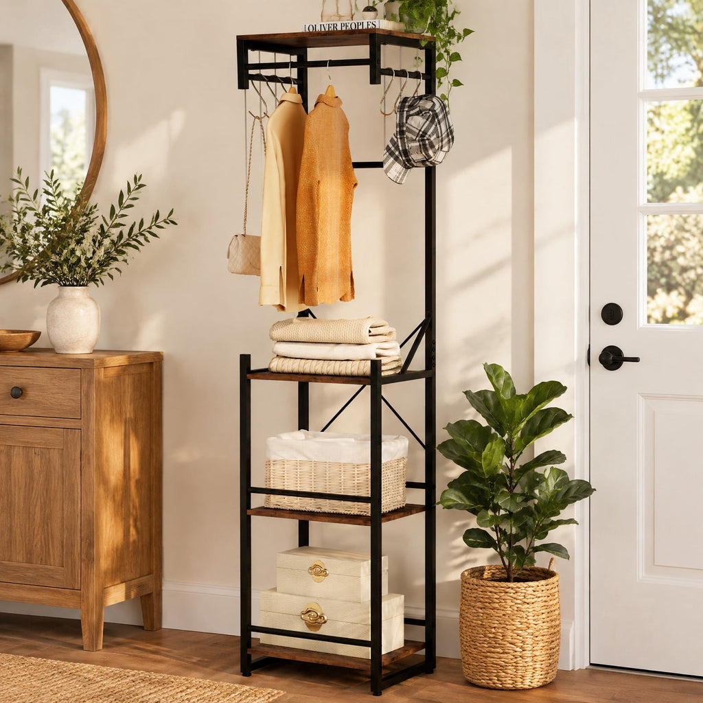 Airfind Freestanding Coat Rack with 4 Storage Shelves and 6 Hooks, 22 lbs Capacity, Metal Engineered Wood, 16 Inch x 12 Inch x 64 Inch , Brown