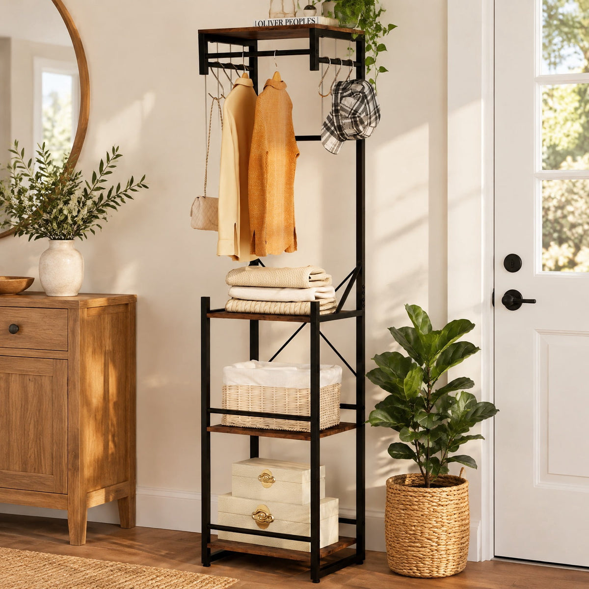 Airfind Freestanding Coat Rack with 4 Storage Shelves and 6 Hooks, 22 lbs Capacity, Metal Engineered Wood, 16 Inch x 12 Inch x 64 Inch , Brown
