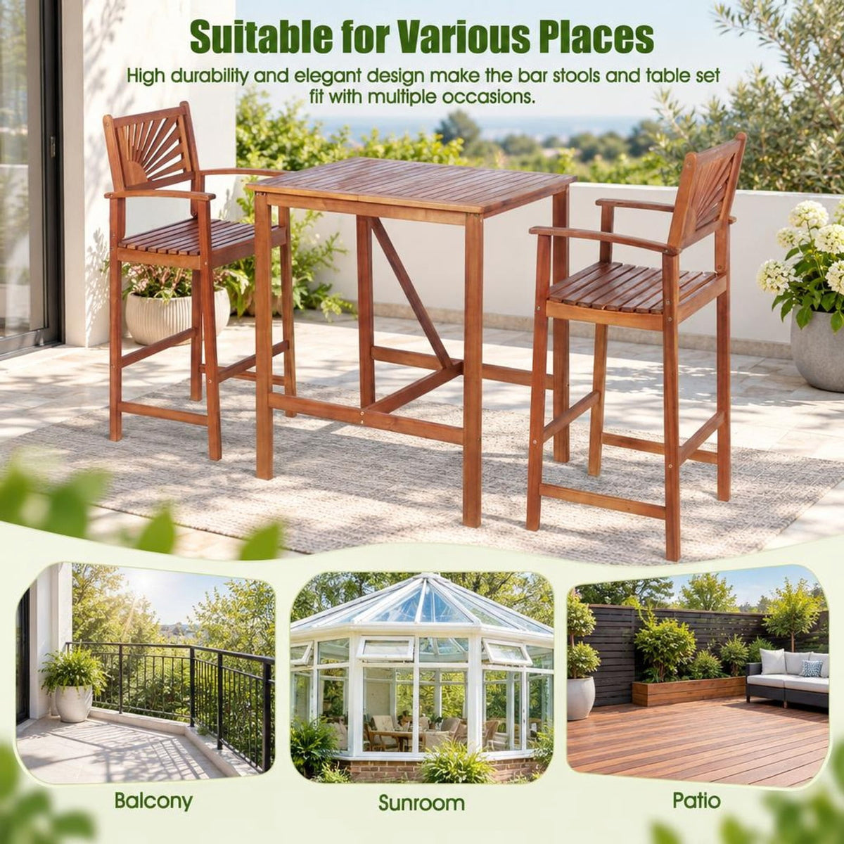 Airfind 3 Pieces Acacia Wood Patio Bar Set with Sunflower Patterned Backrest, Acacia Wood Frame, 21.5 x 19.5 x 47 Footprint, Wood