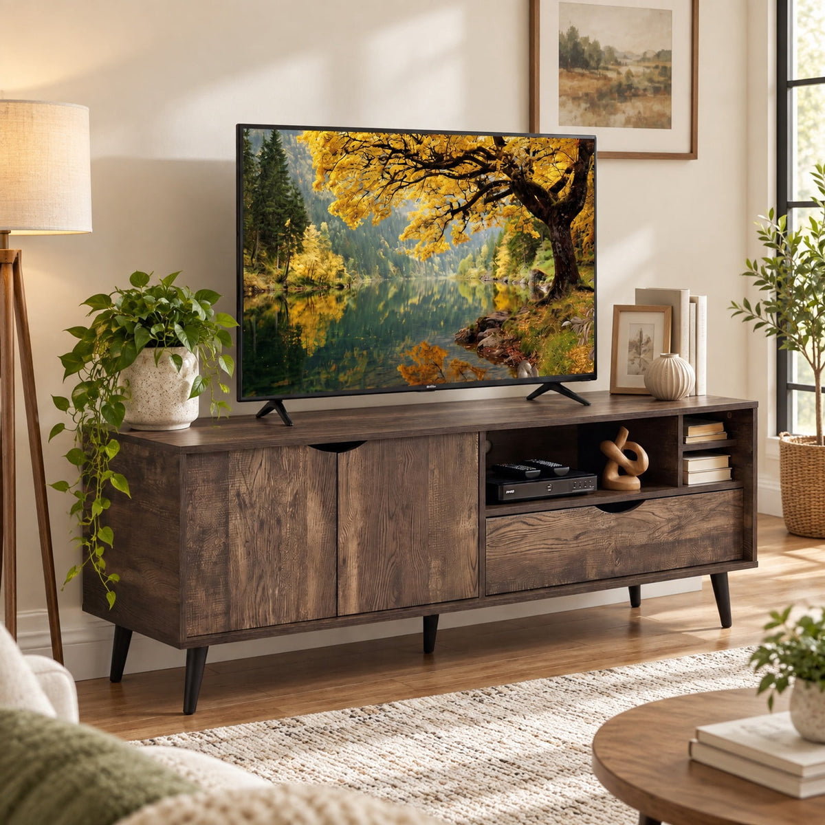 Airfind TV Stand for TVs up to 65 Inches Rustic Entertainment Center, 285 lbs Capacity, Engineered Wood MDF Plastic Frame, Brown