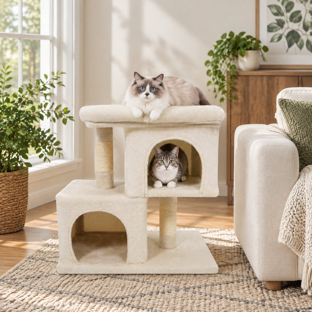 Airfind Modern Cat Tree Space-saving Cat Tower with Upholstered Perch and 2 Cat Condos, 22 lbs Capacity, 24 x 16 x 25.5 Condo Footprint, Beige