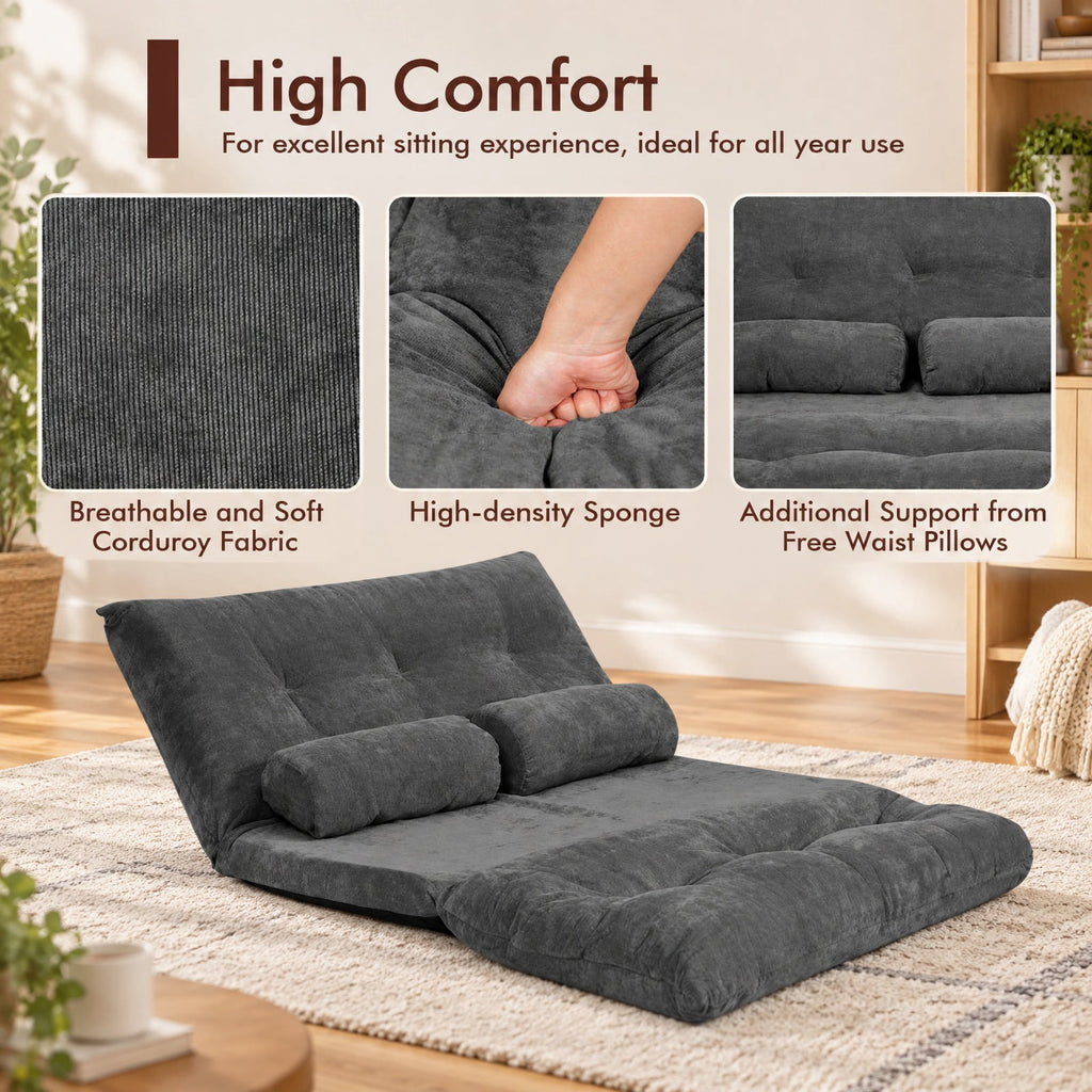 Airfind 6-Position Adjustable Sleeper Lounge Couch with 2 Pillows, Steel Corduroy Sponge Flat Frame, 71 Inch x 42.5 Inch x 7 Inch Footprint, Gray