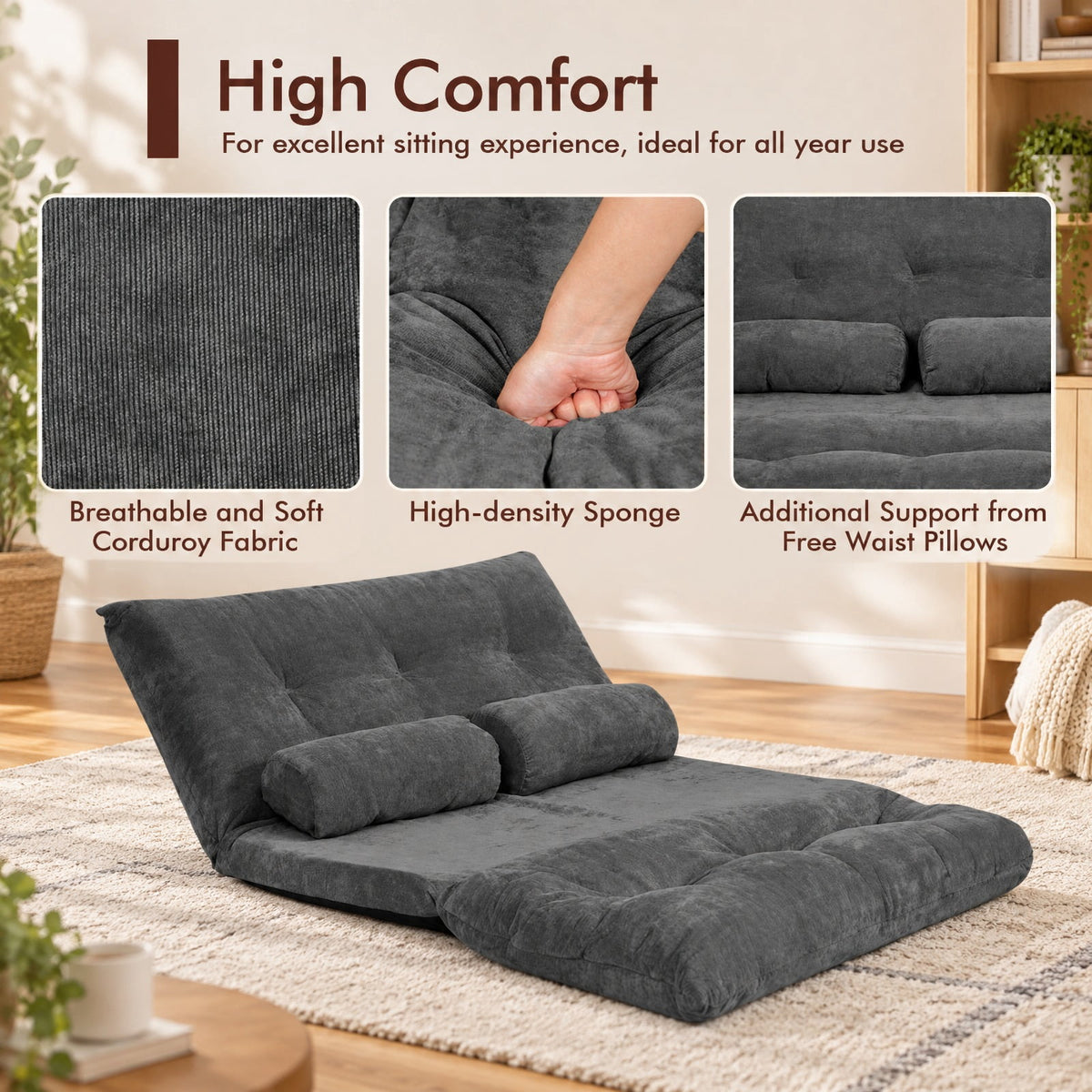 Airfind 6-Position Adjustable Sleeper Lounge Couch with 2 Pillows, Steel Corduroy Sponge Flat Frame, 71 Inch x 42.5 Inch x 7 Inch Footprint, Gray